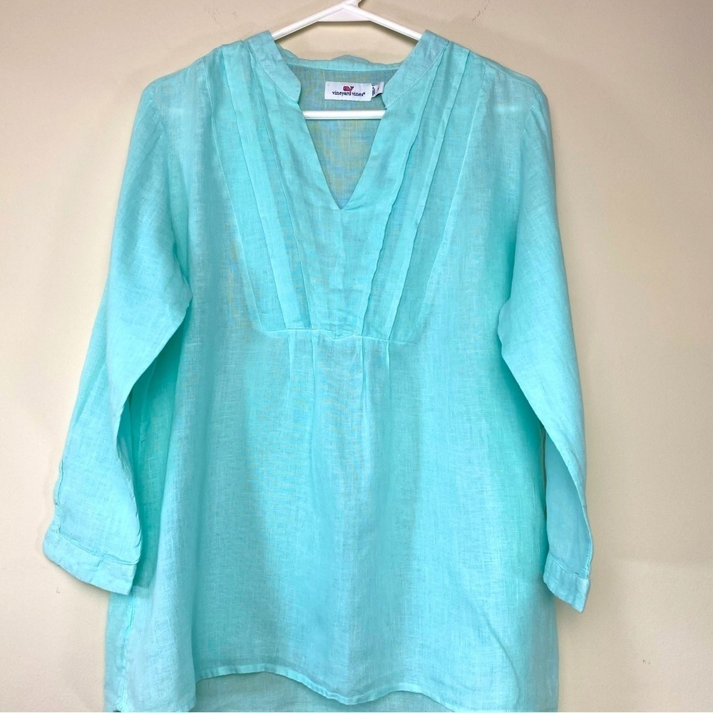 Vineyard Vines Linen Tunic Top 3/4 Sleeve Pullover Blouse Light Aqua Sz S